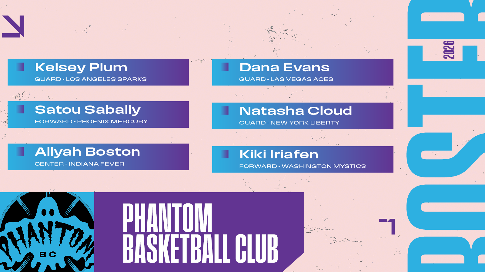 Phantom BC Kelsey Plum Satou Sabally (P) Aliyah Boston Dana Evans Natasha Cloud Kiki Iriafen